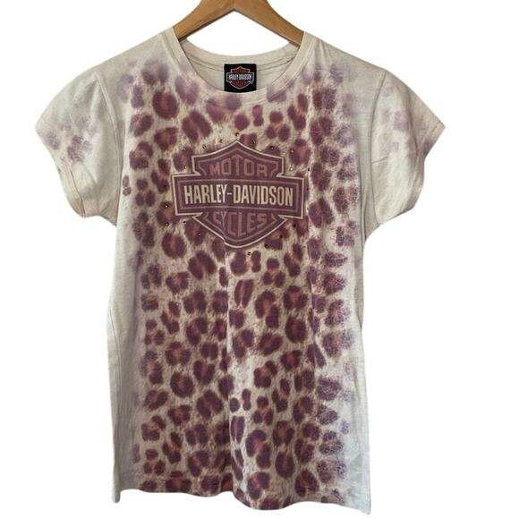 VTG Harley-Davidson Motor Cycles Y2K Cheetah Print Rhinestone Biker Tee Large - Picture 1 of 12
